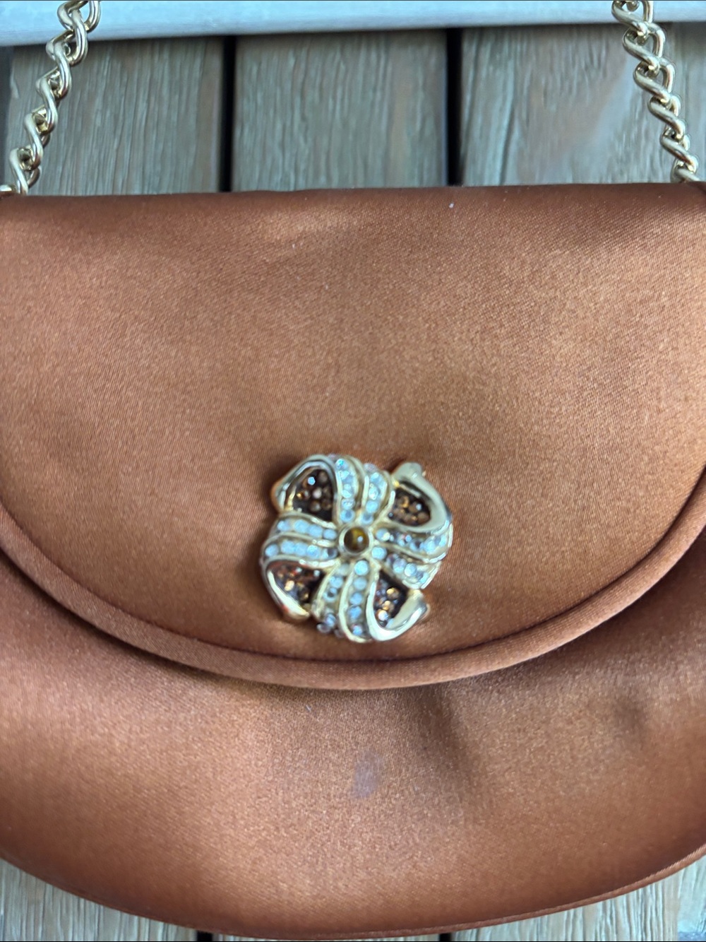 Judith Leiber Satin Mini Bag with Gold Chain - Copper Brown - Picture 2 of 7